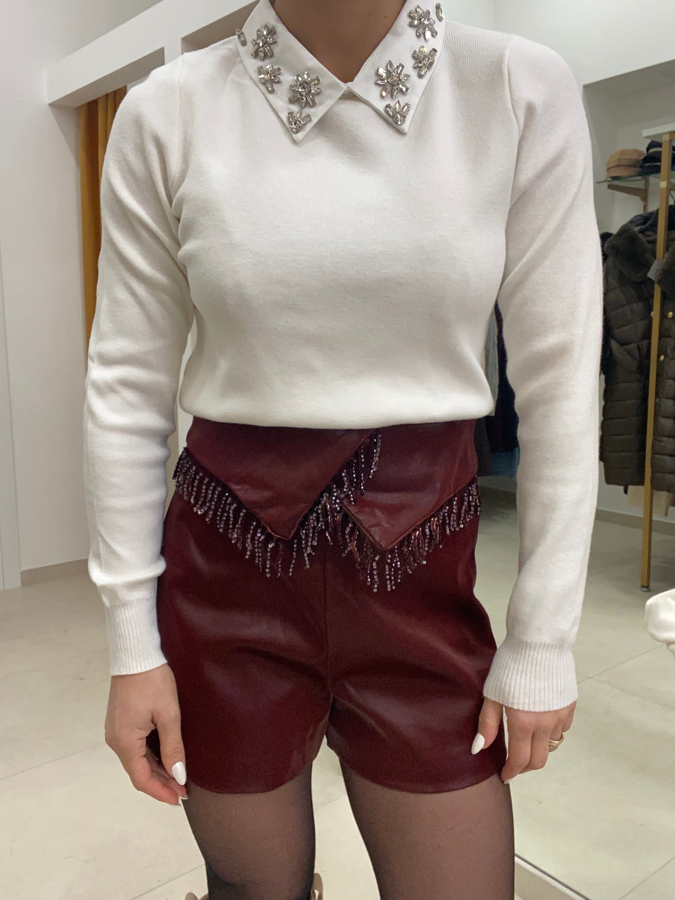 Short BORDEAUX frange ecopelle lucido