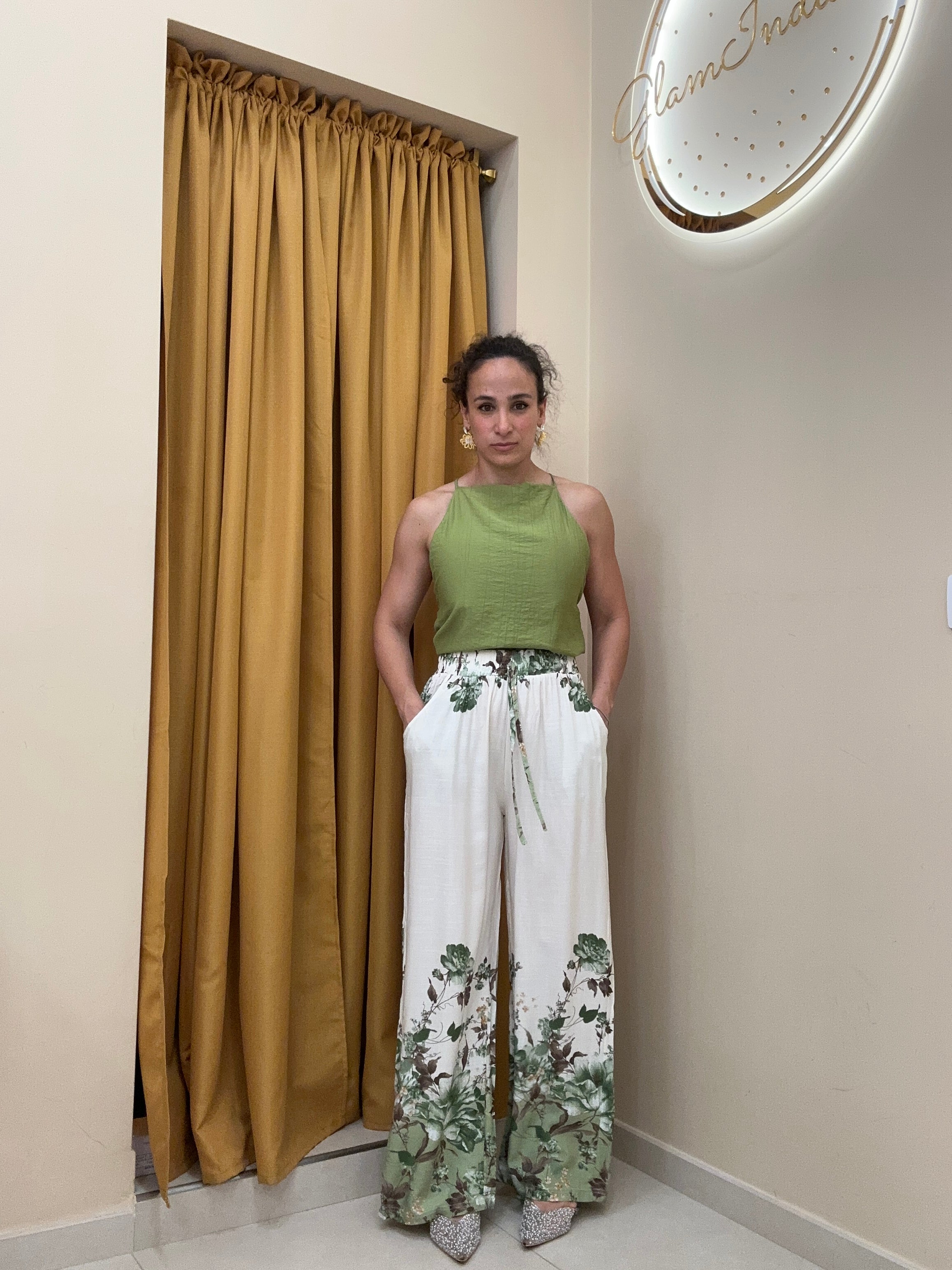 Pantalone dettaglio fiori VERDE