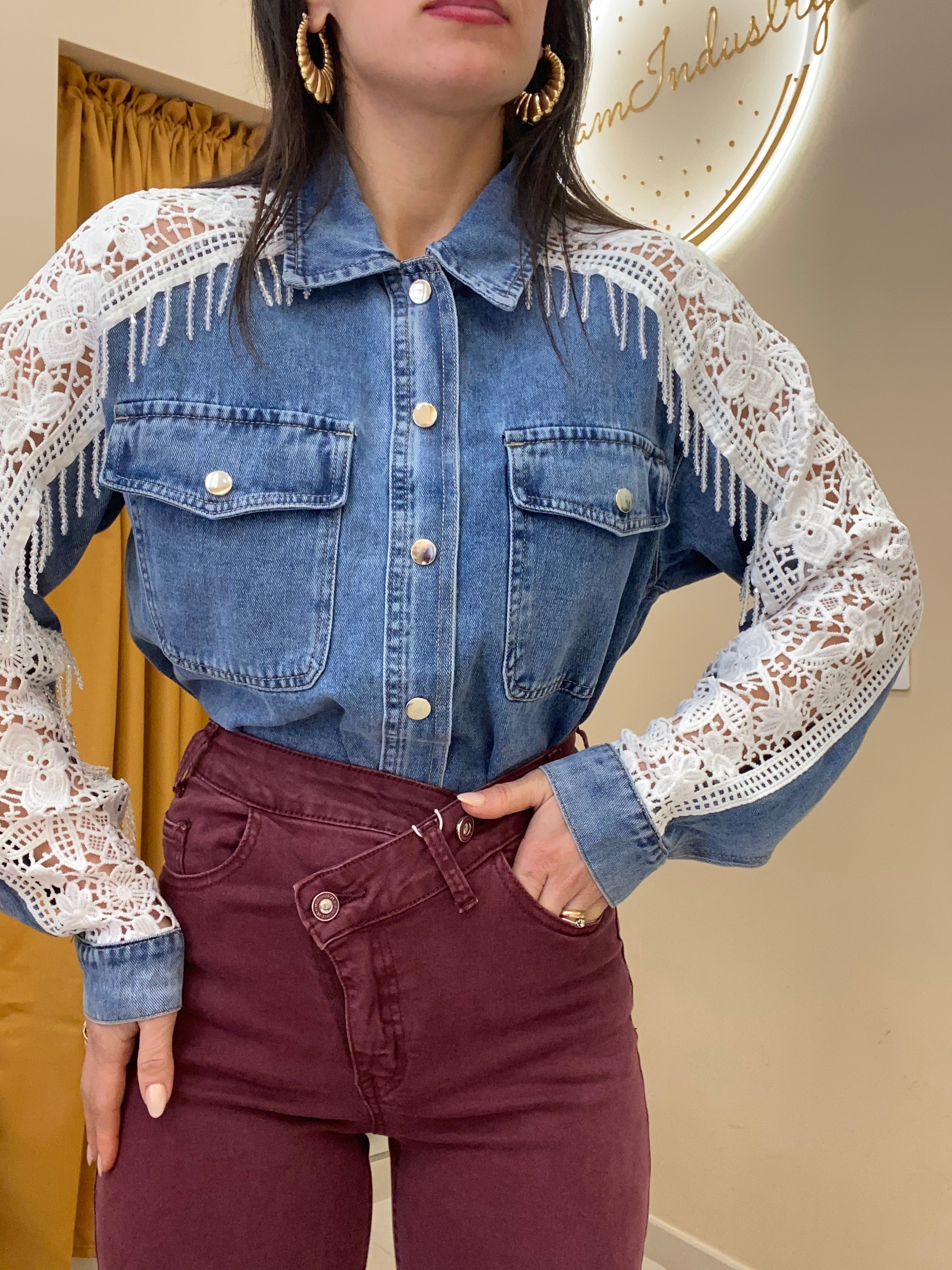 Camicia merletto e frange pietre