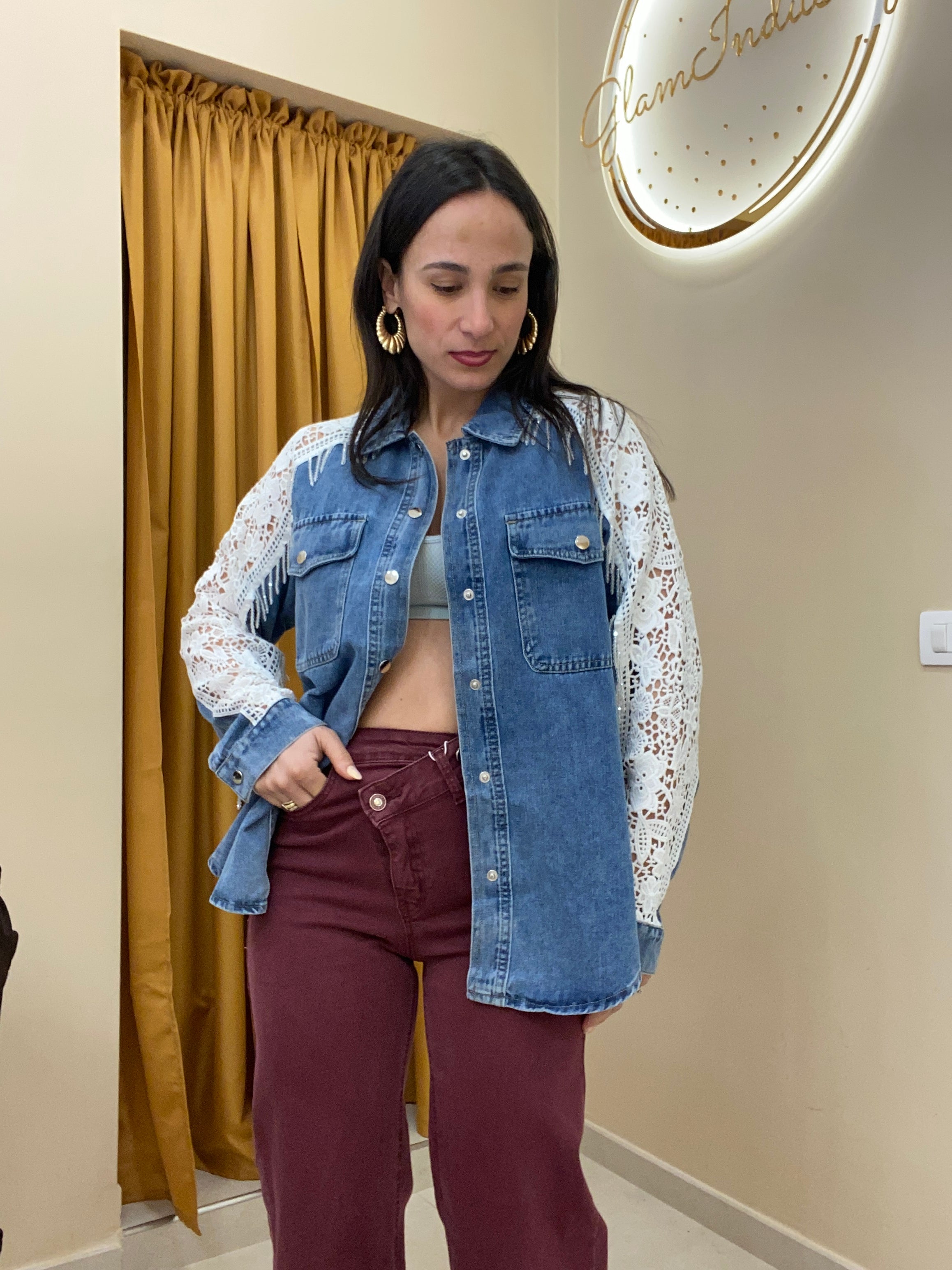 Camicia merletto e frange pietre