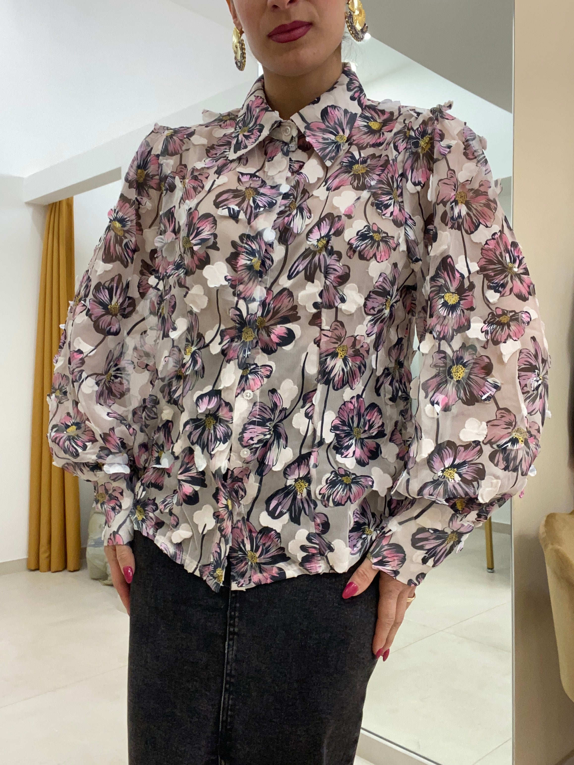 Camicia fiori 3D bianco