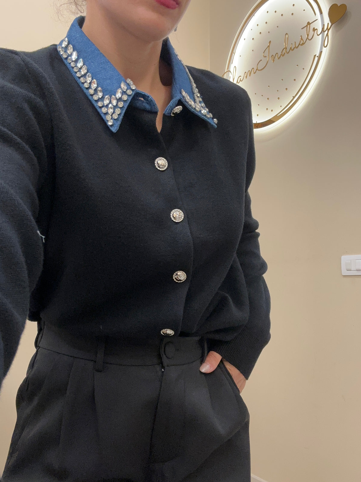 Cardigan colletto denim