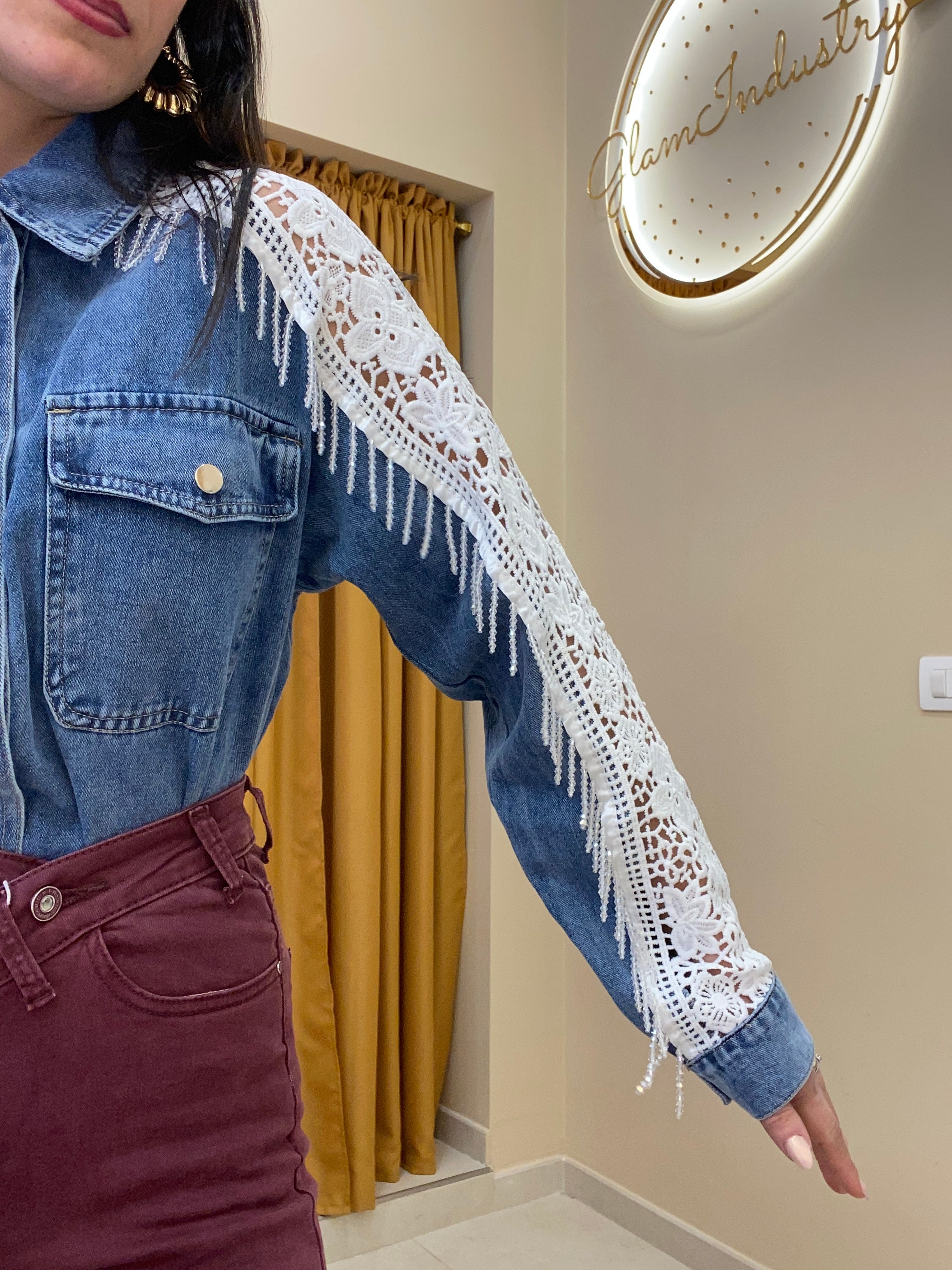 Camicia merletto e frange pietre