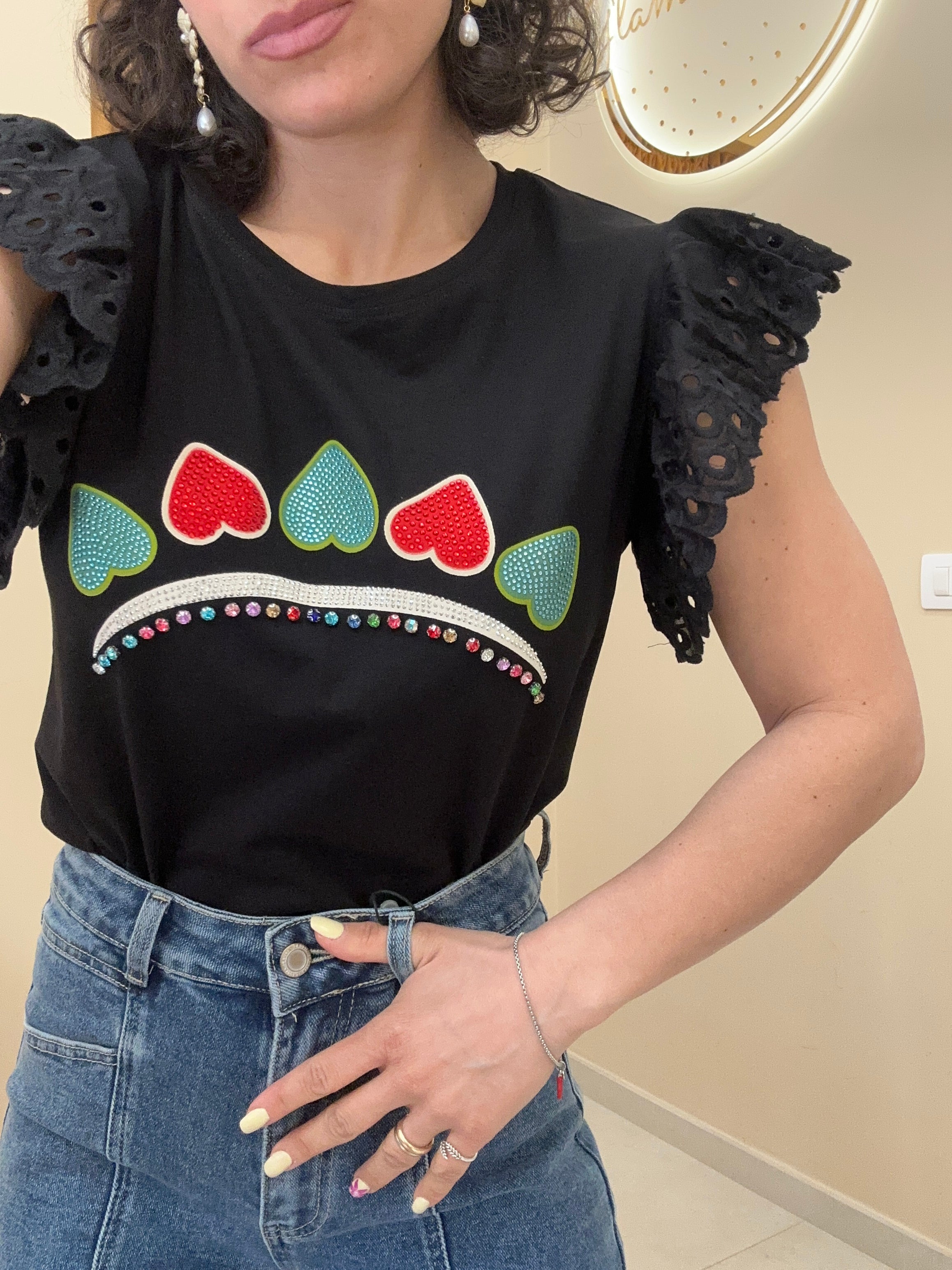 T-shirt manica merletto