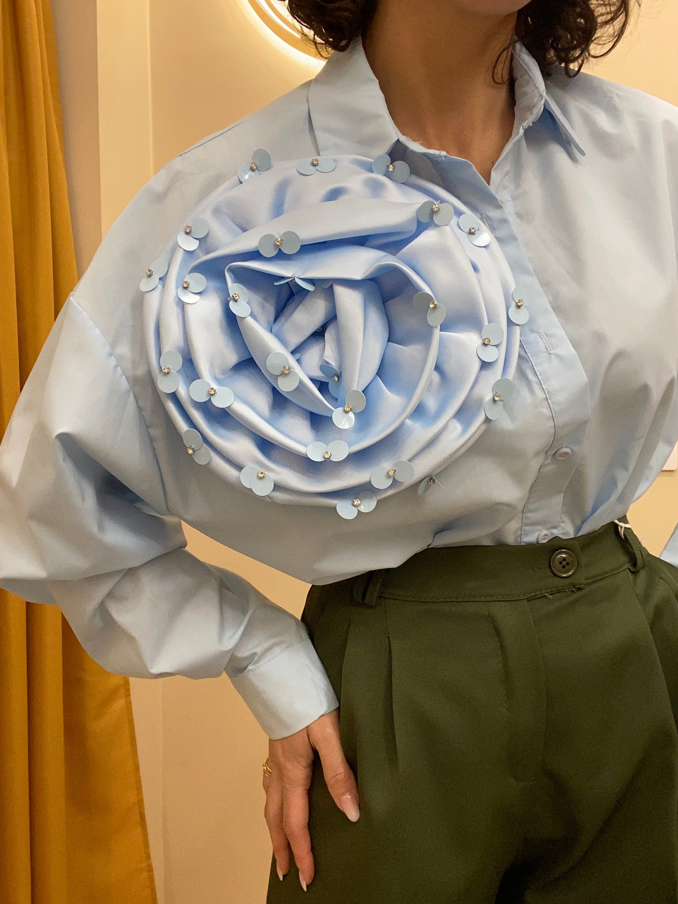 Camicia celeste 100% cotone maxi fiore