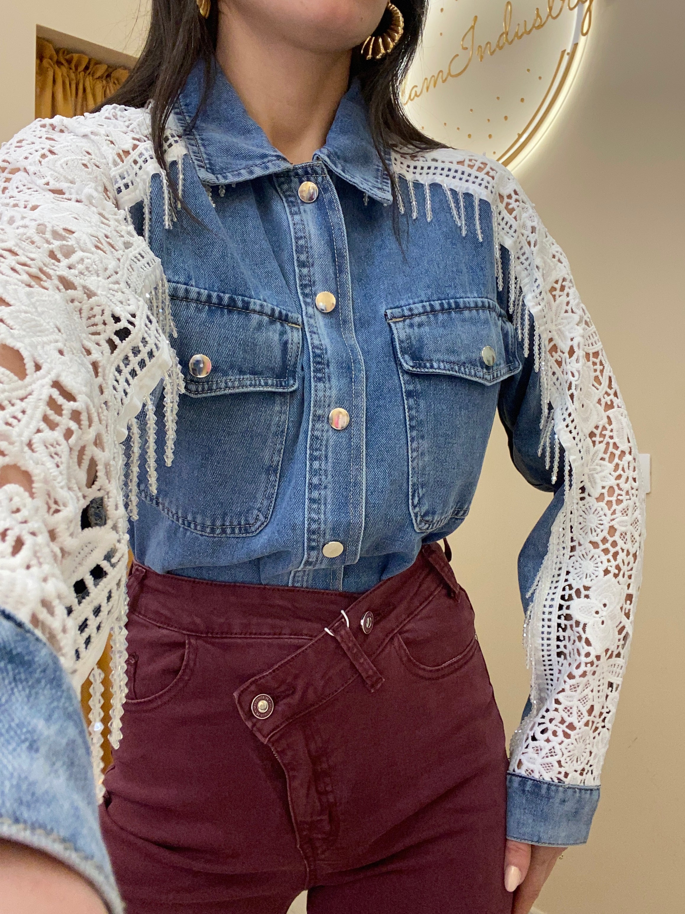 Camicia merletto e frange pietre