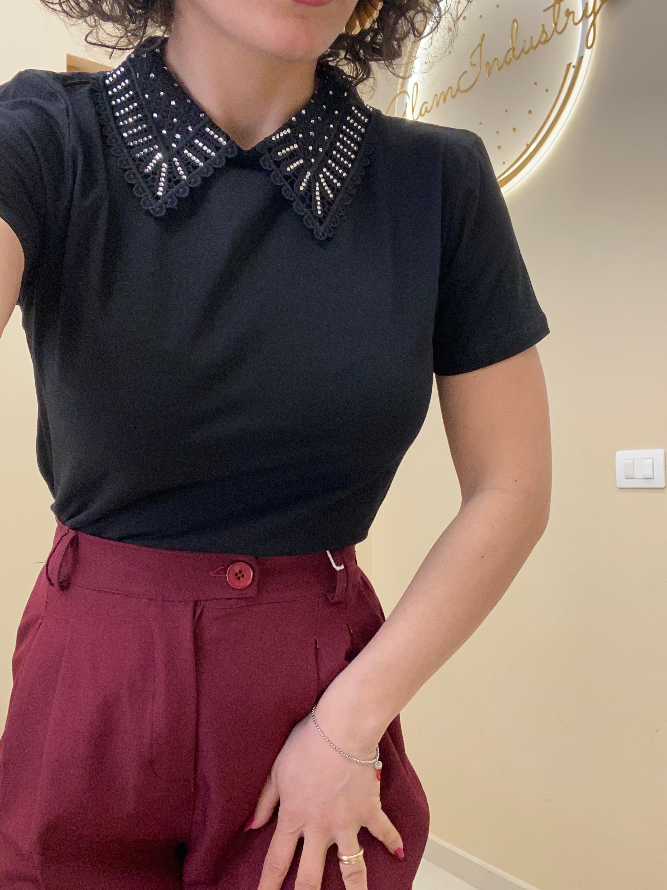 Maglia colletto macrame brillantini