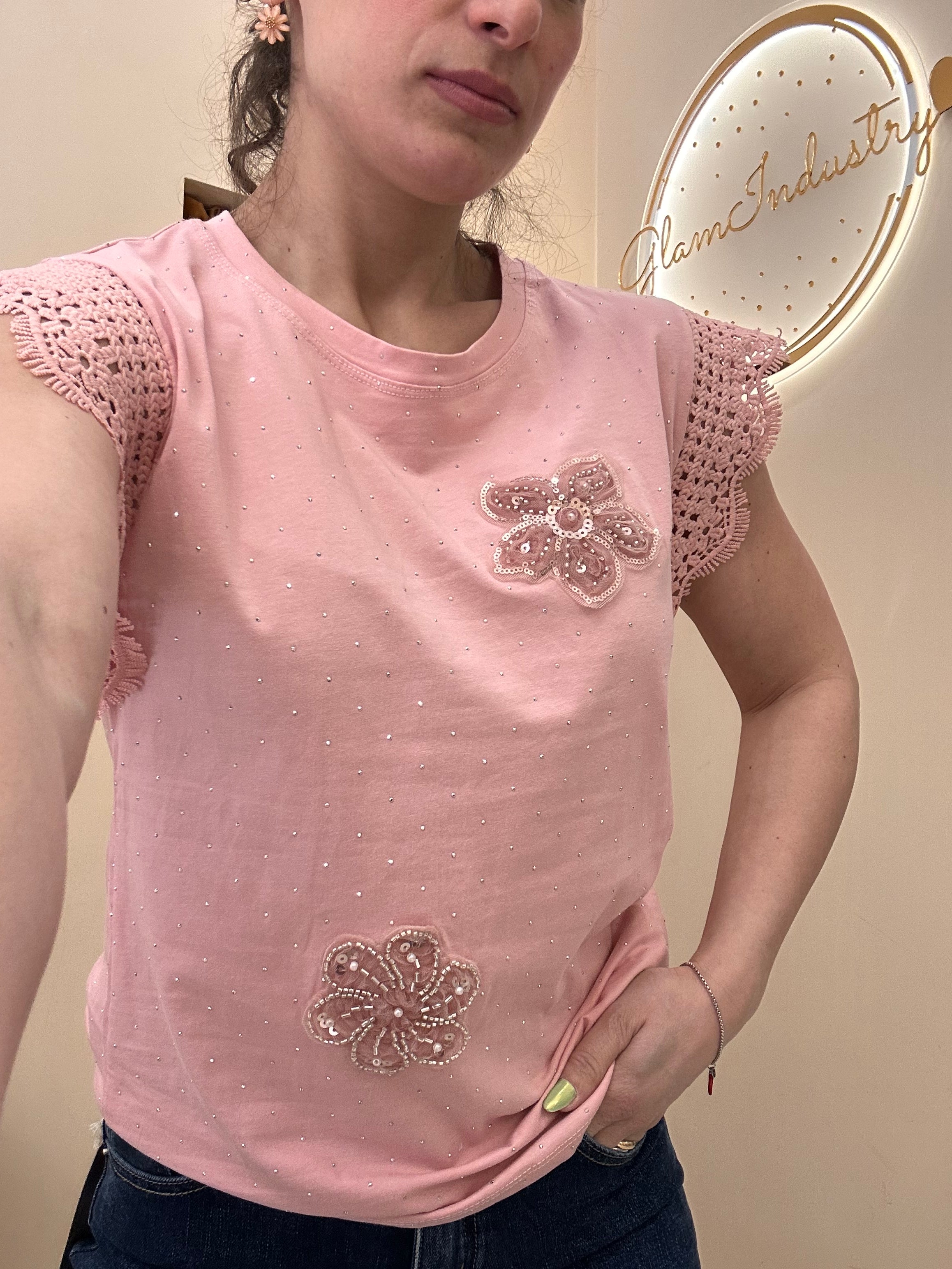 T-shirt brillantini e fiori