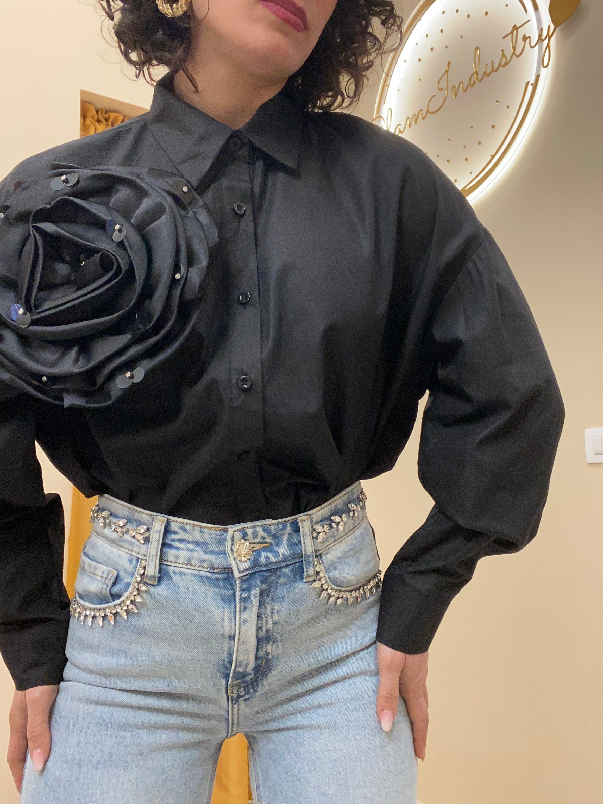 Camicia nero 100% cotone maxi fiore