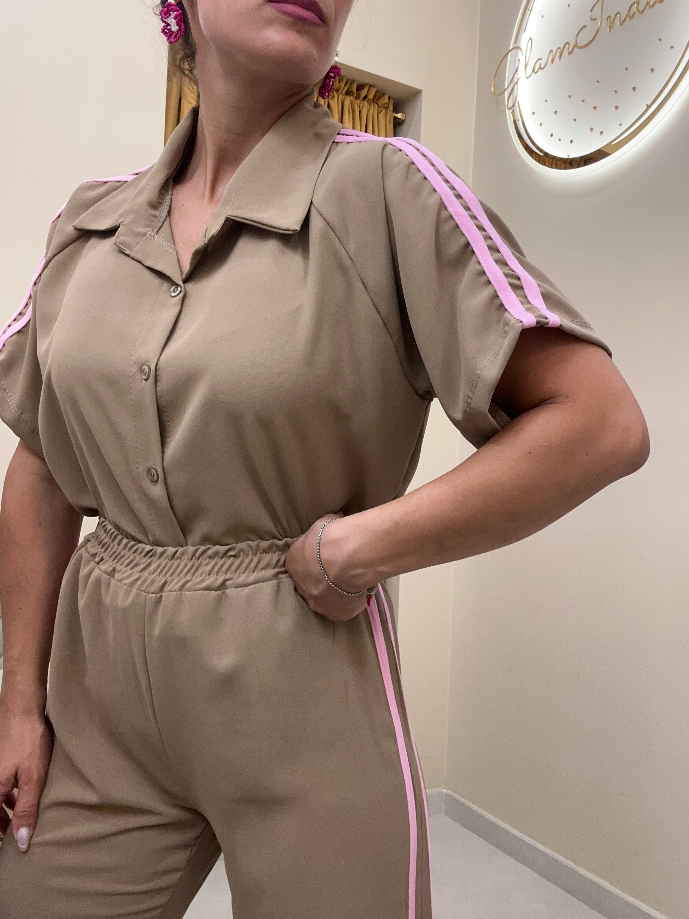 Tuta riga laterale beige/rosa