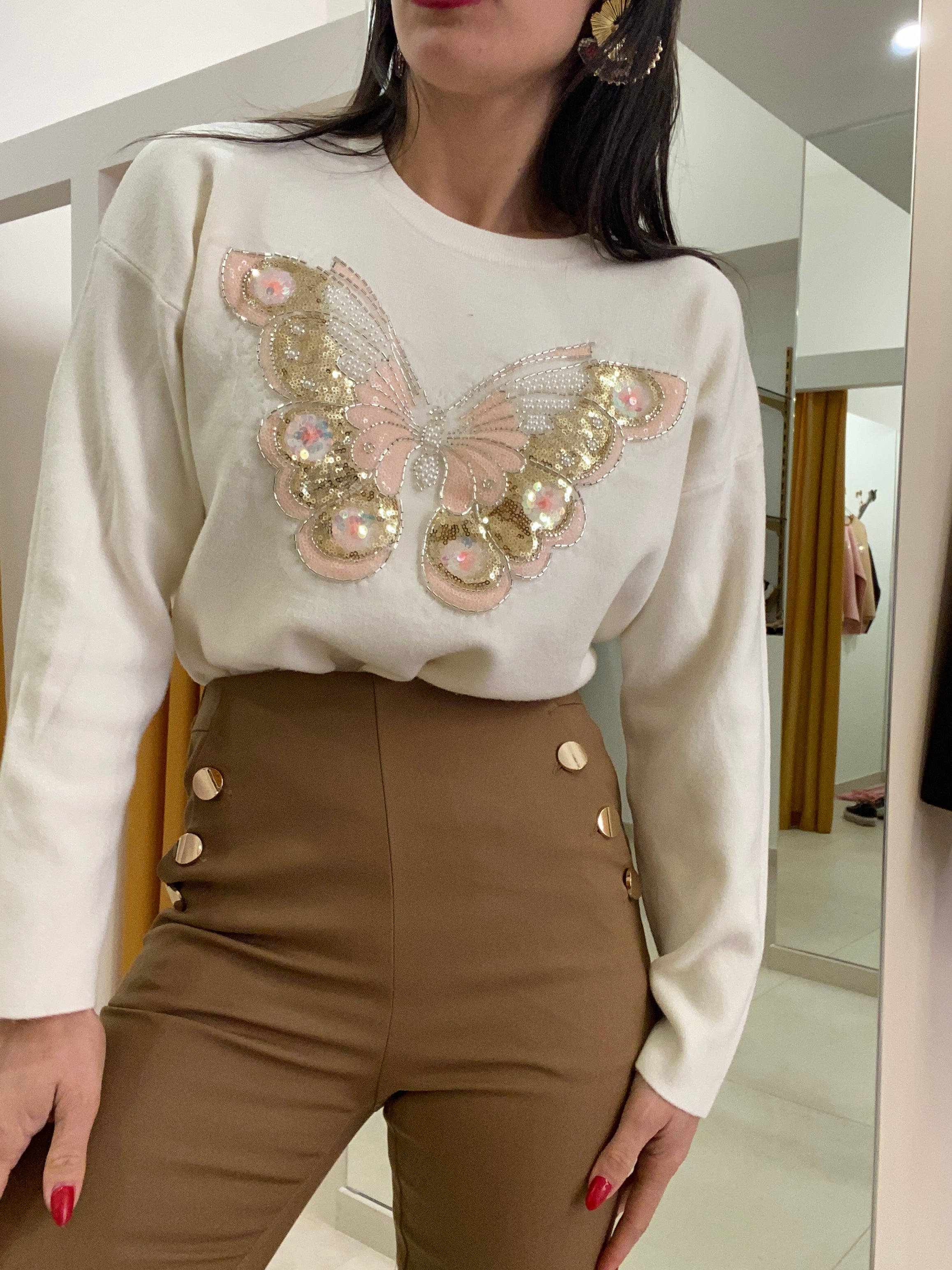 Pantalone bottoni oro beige