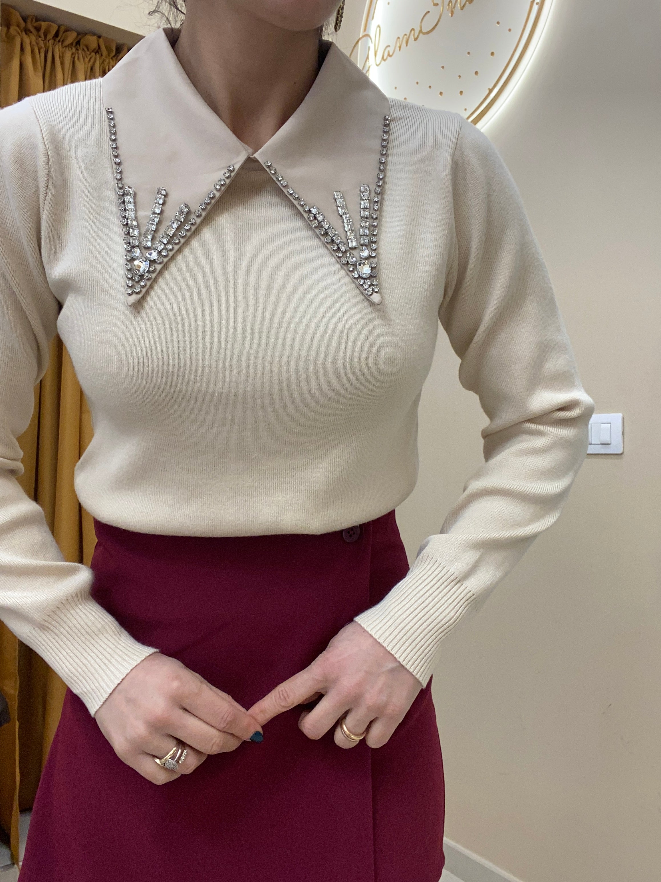 Maglioncino colletto raso strass