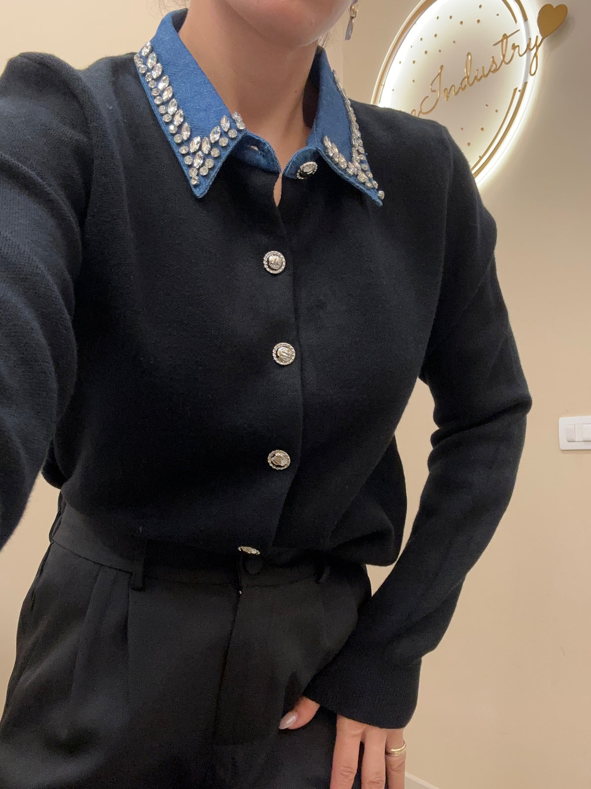 Cardigan colletto denim