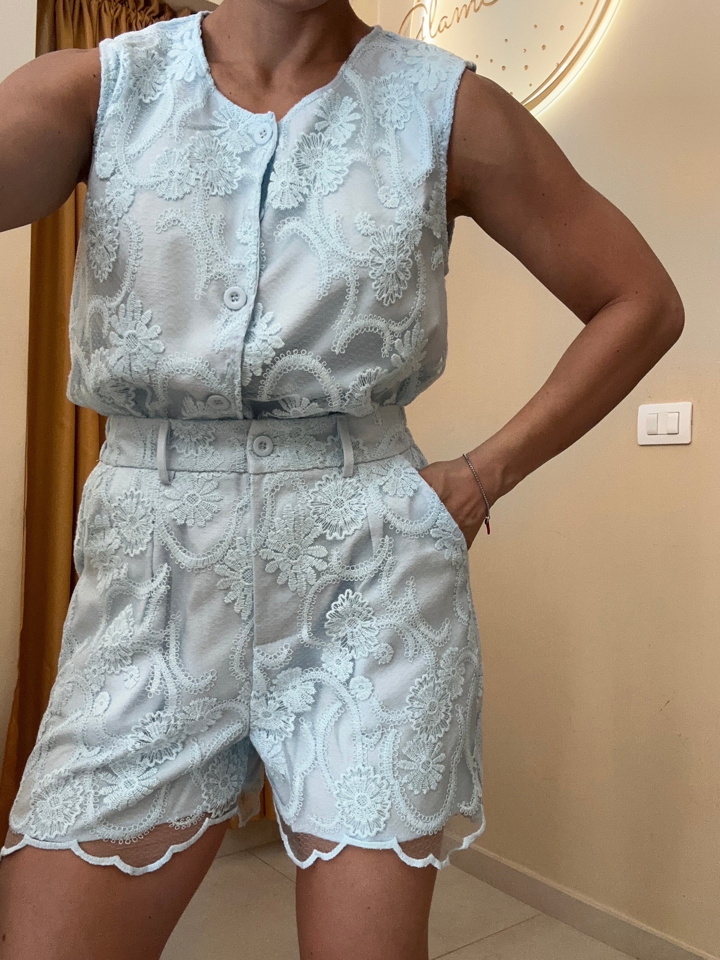 Tailleur velato ricamato CELESTE