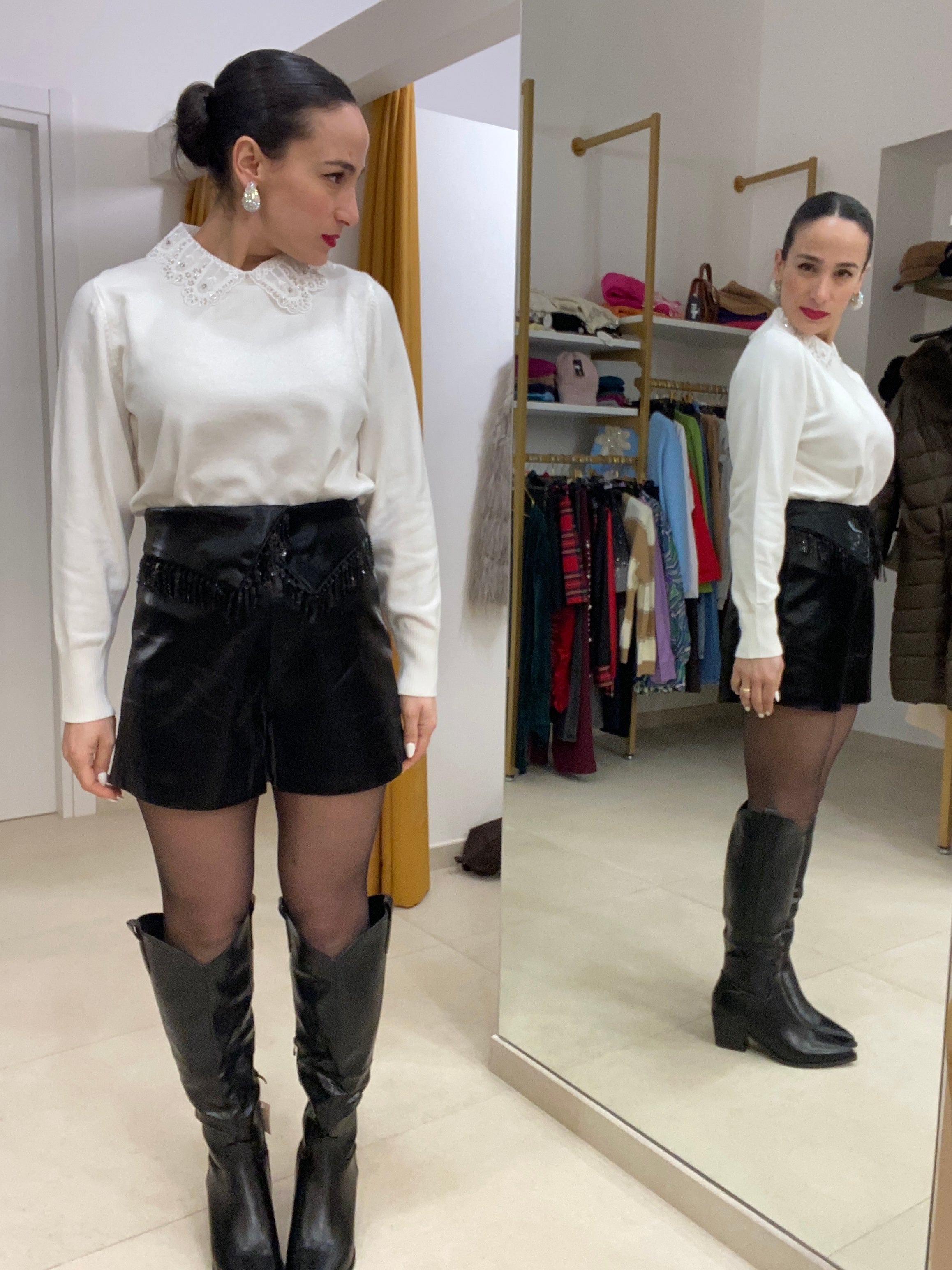 Short NERO frange ecopelle lucido