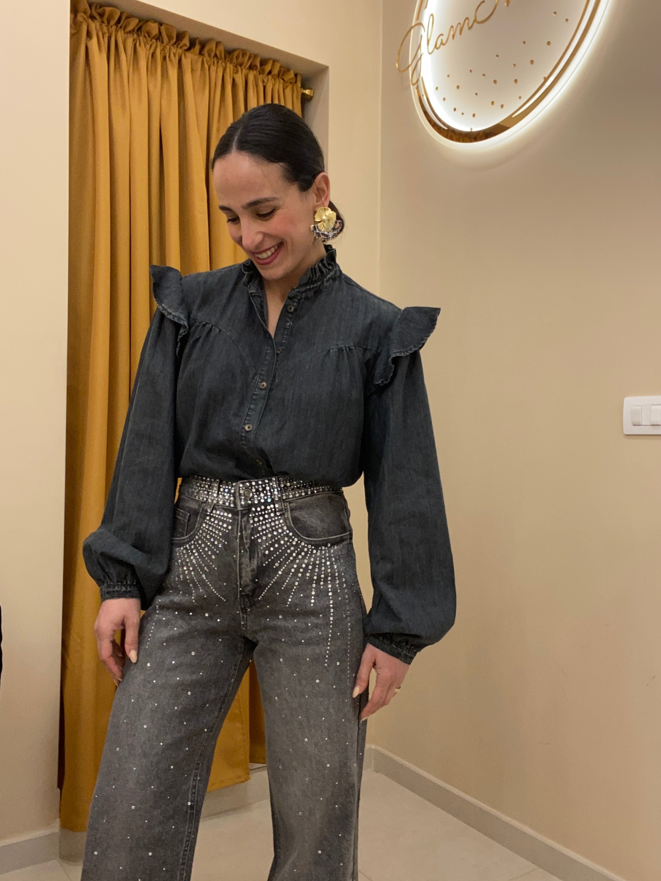 Camicia jeans manica sbuffo nero