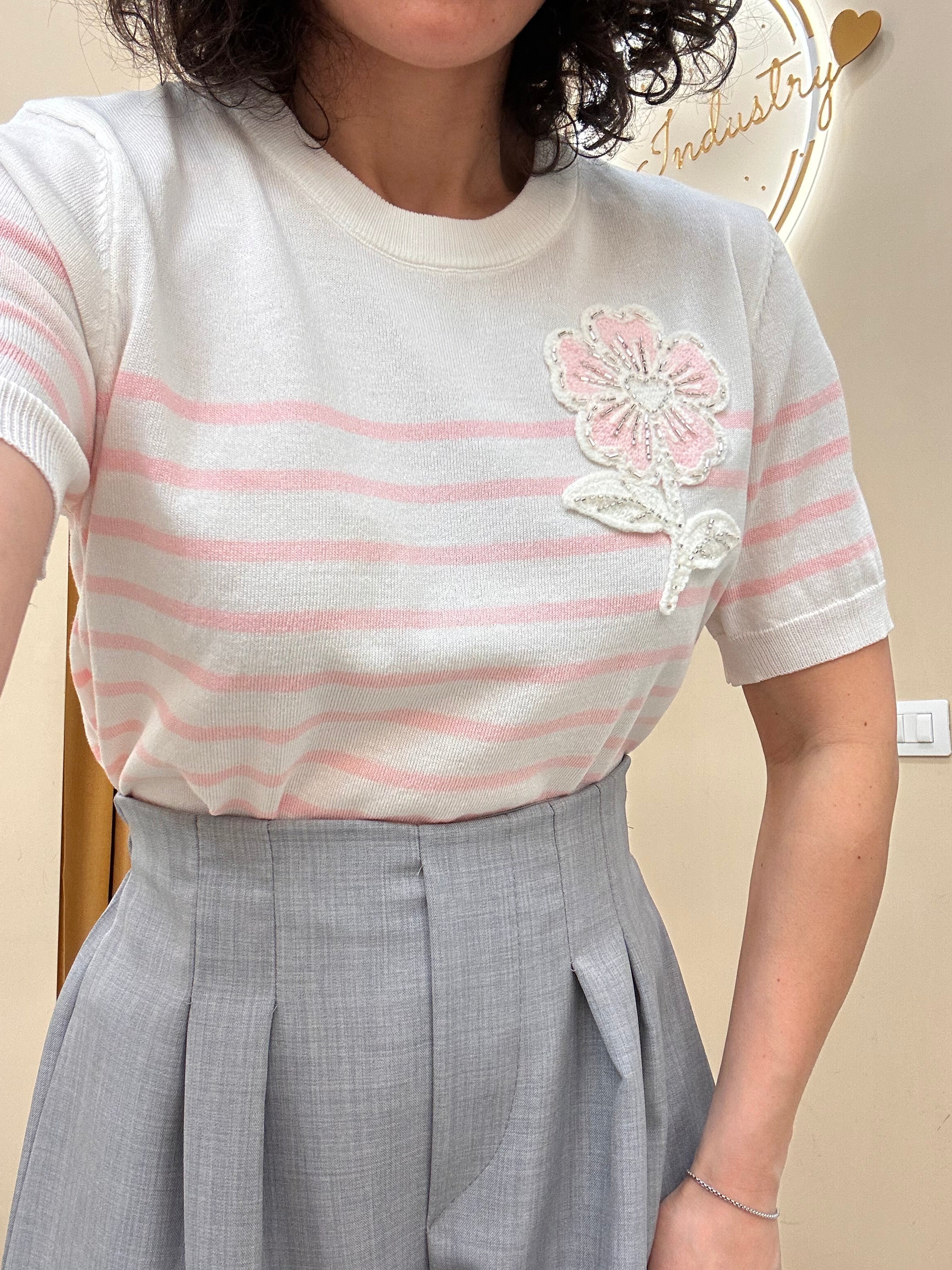 Maglia filo rigata ROSA