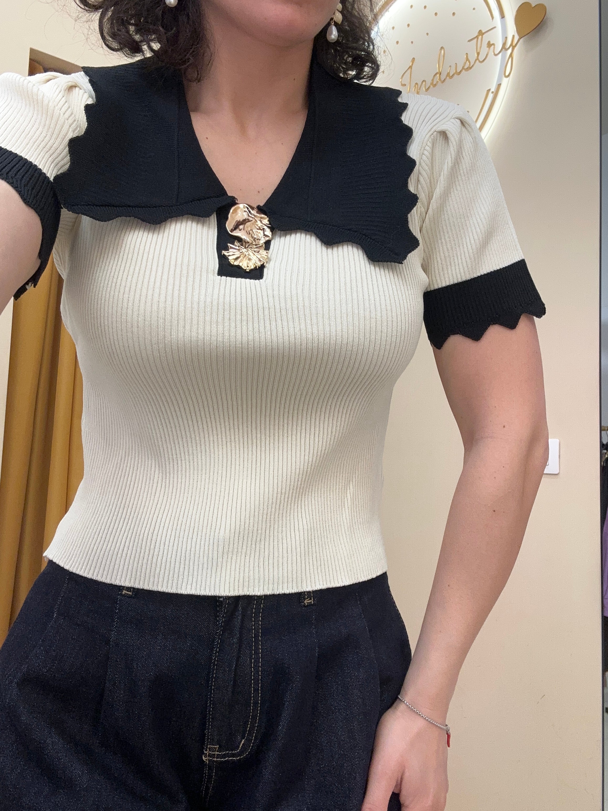 Polo in filo con colletto ad onde BEIGE