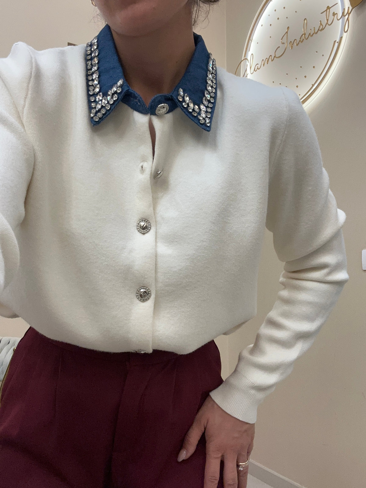 Cardigan colletto denim