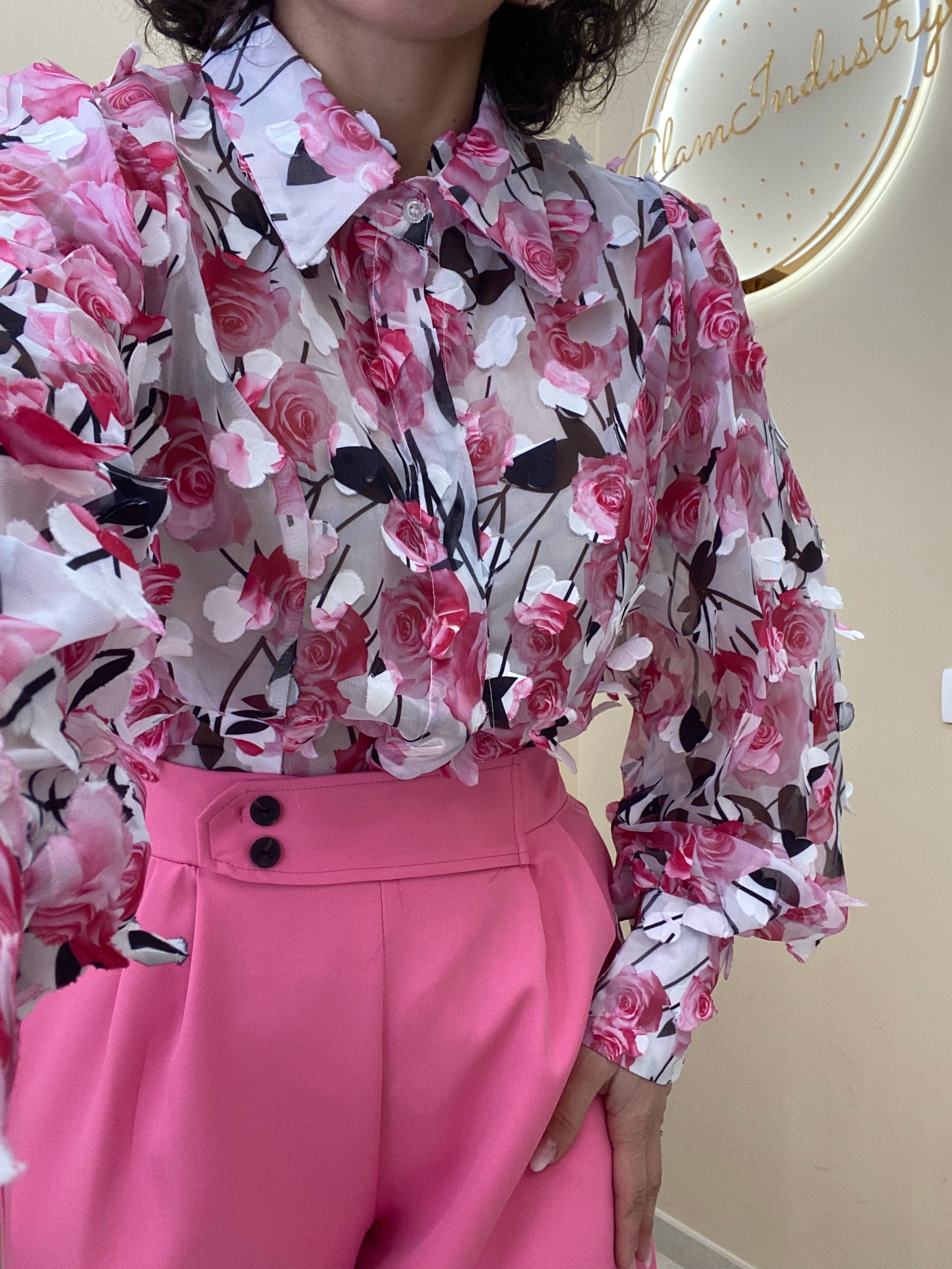 Camicia fiori 3D rosa