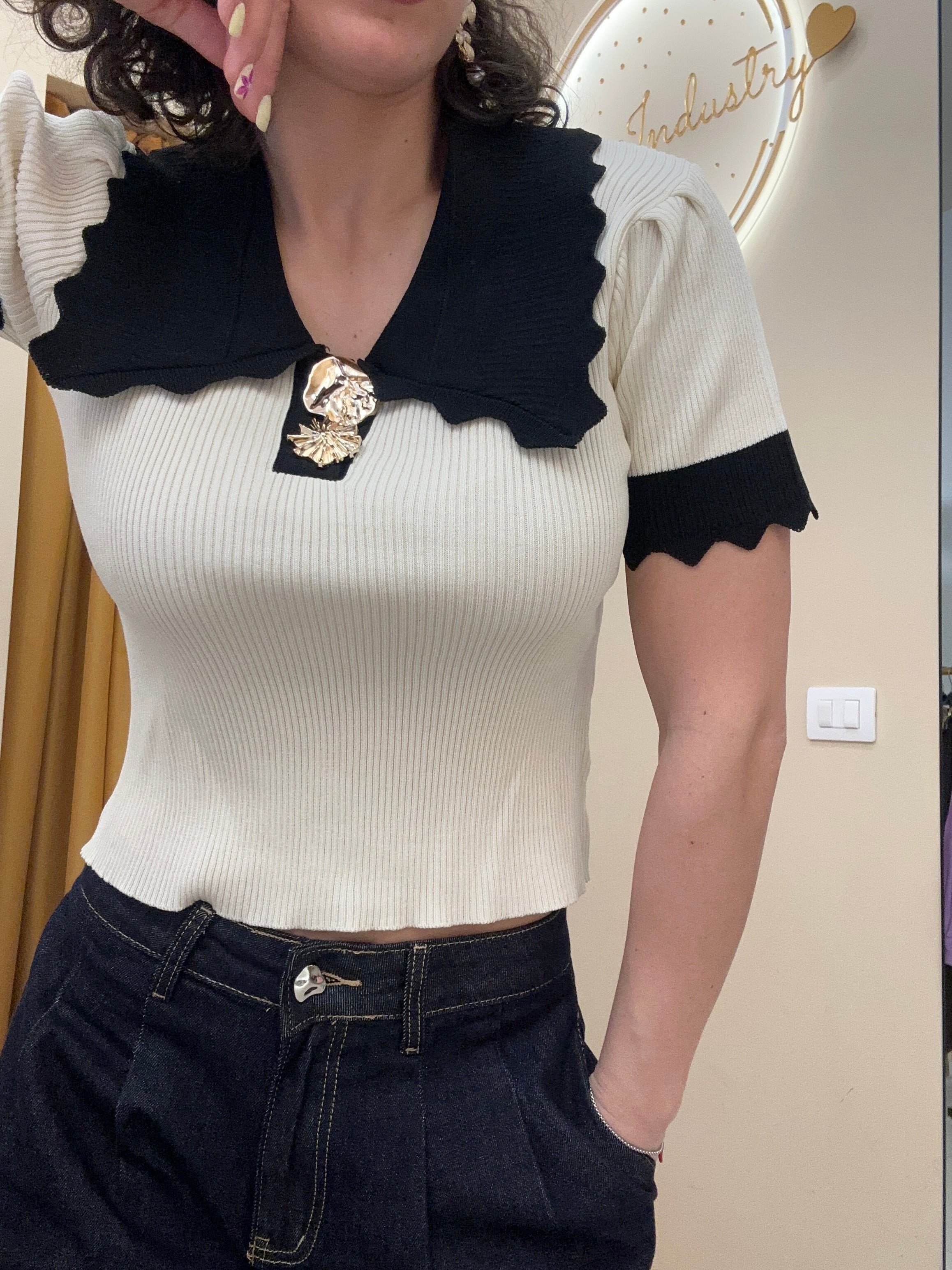 Polo in filo con colletto ad onde BEIGE