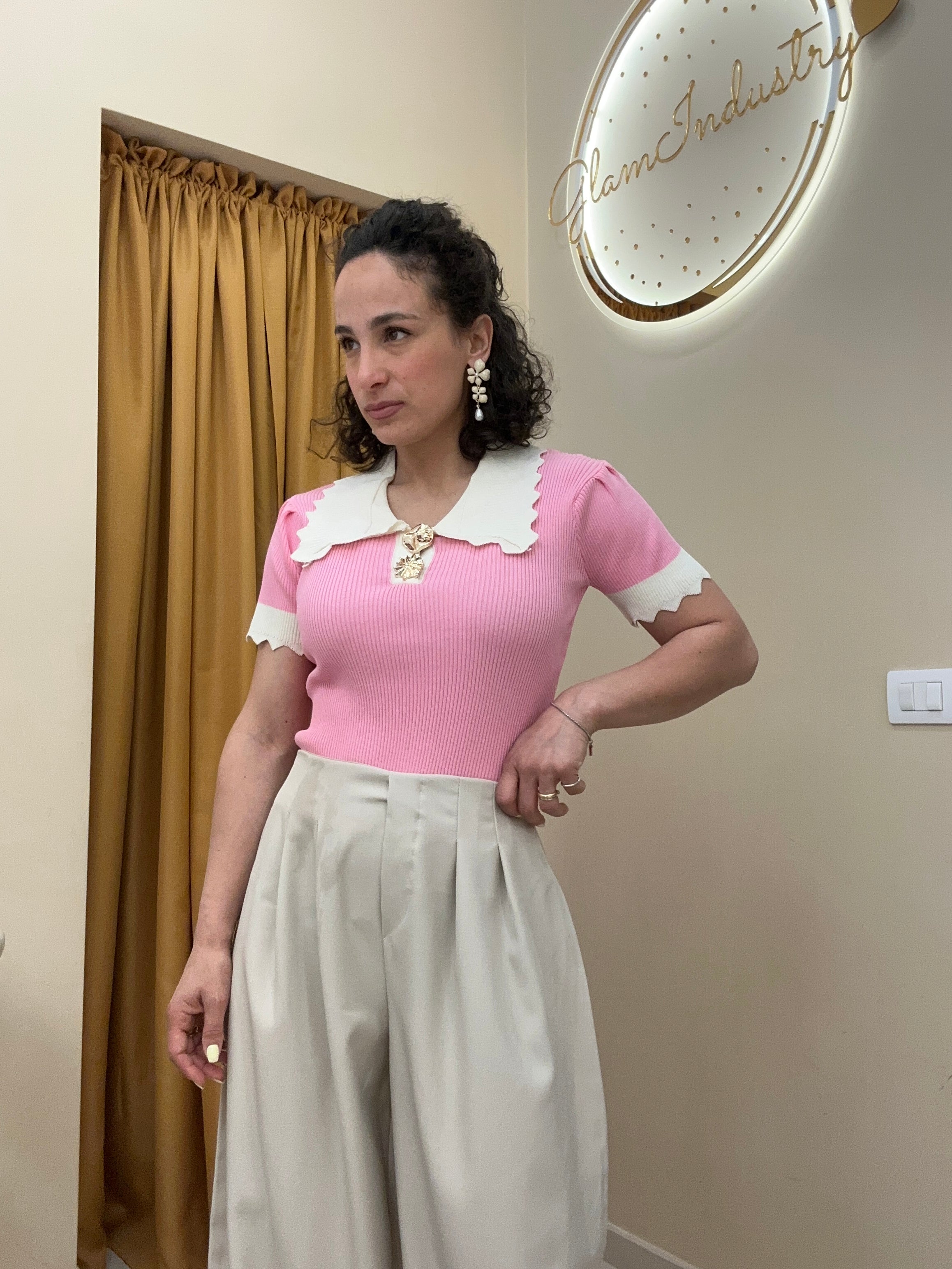 Polo in filo con colletto ad onde ROSA