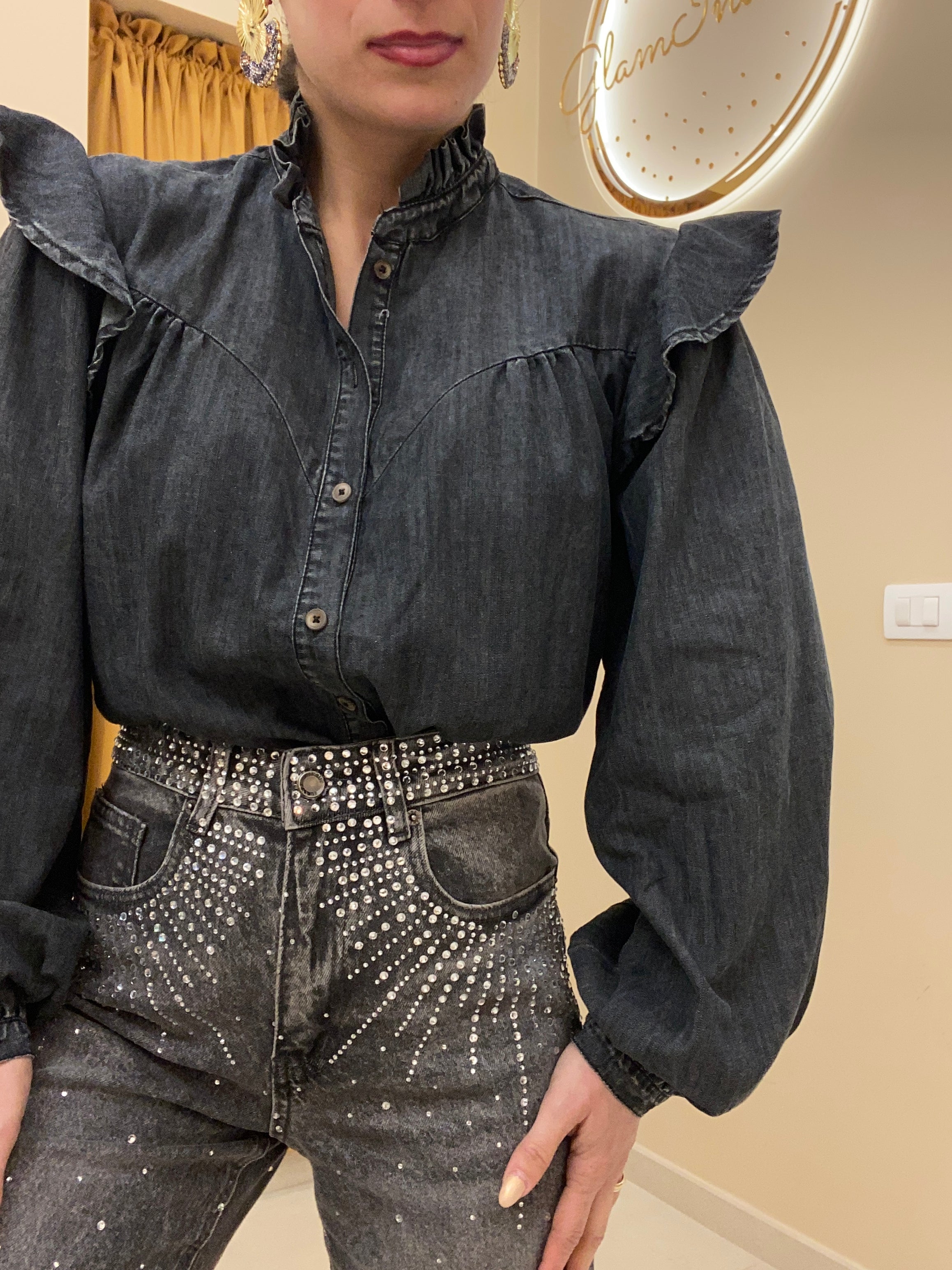 Camicia jeans manica sbuffo nero