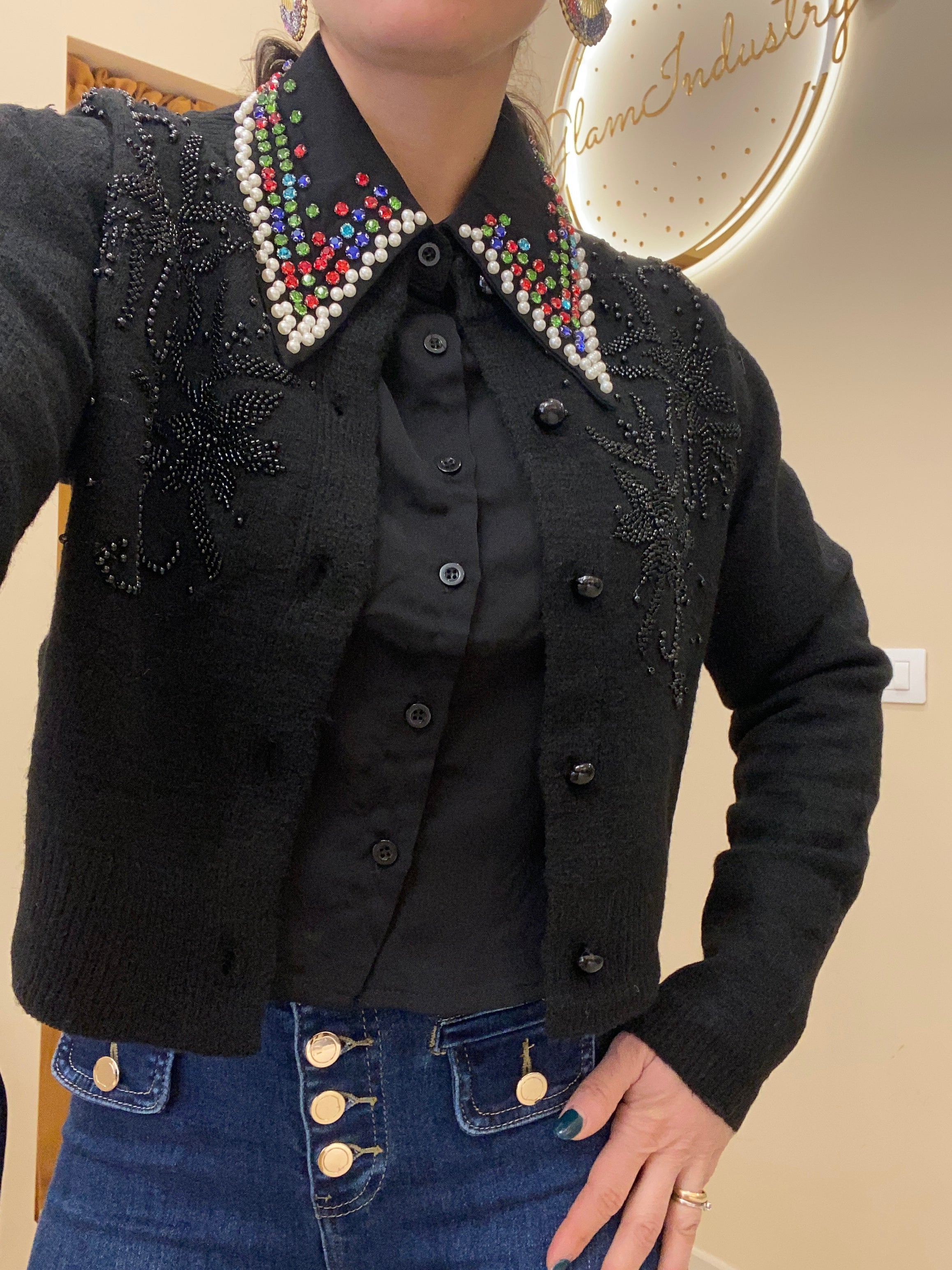 Maglione crop perline nero