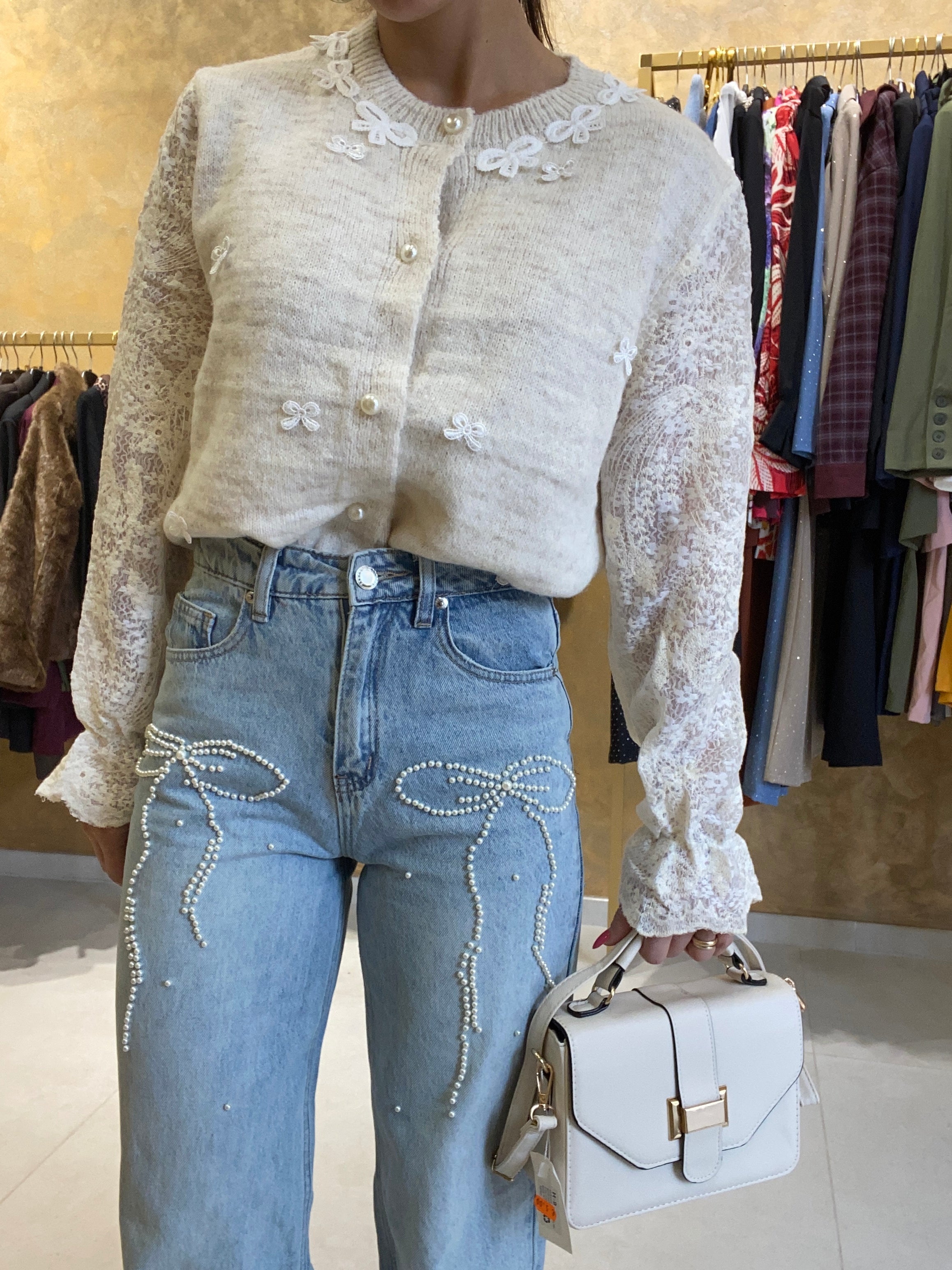 Jeans fiocchi con perle